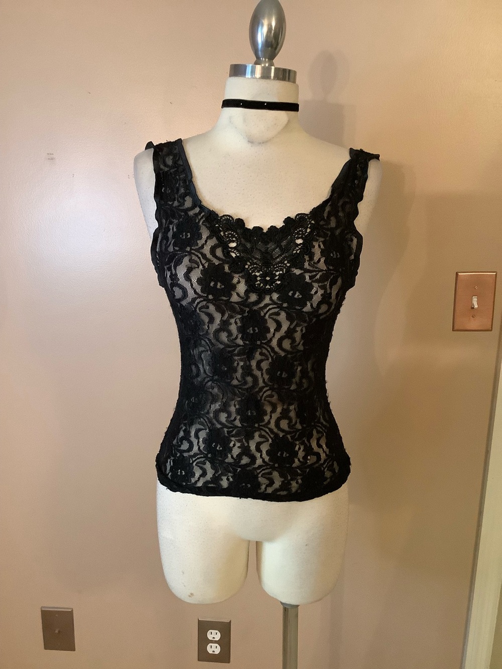 Vintage Retro 80’s 90’s Cinema Etoile Black Sheer Lace Lingerie Tank Top Small.